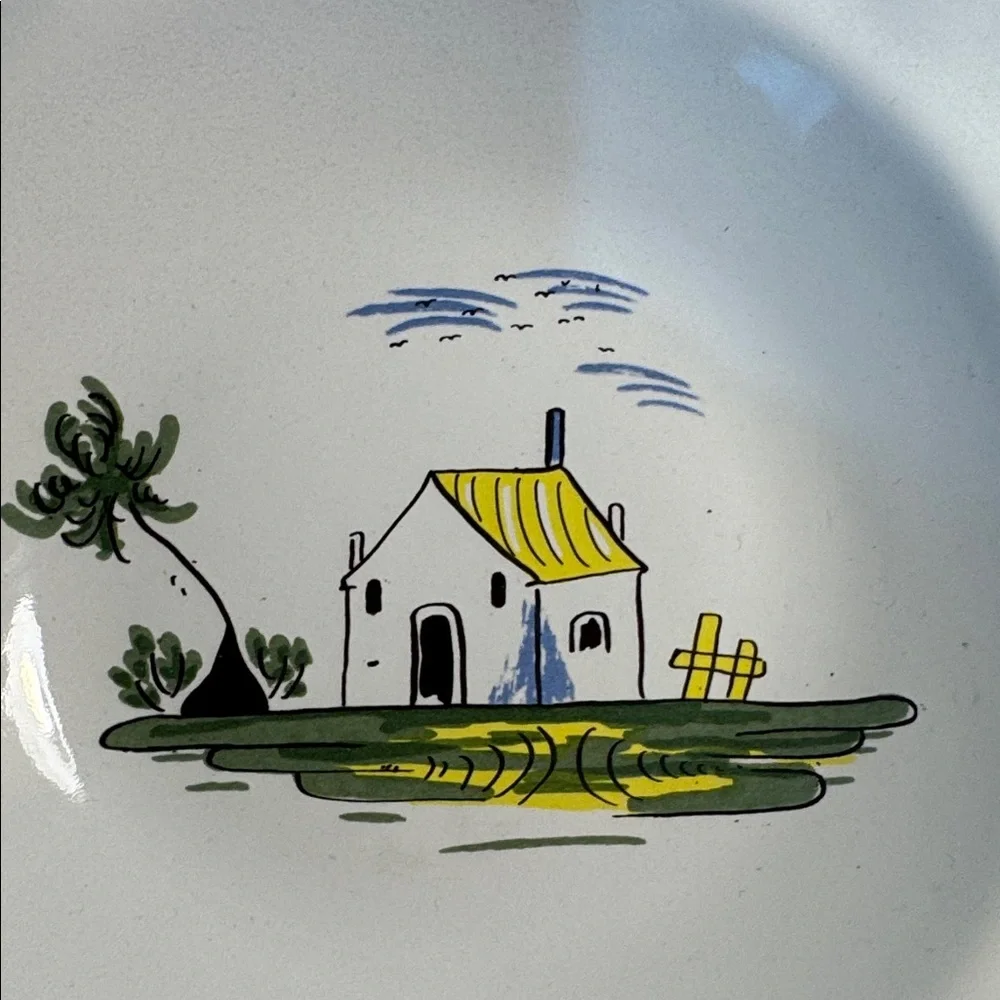 Varages France Cabanon Large Rim Soup Bowl Green Trim Farmhouse Cottage Floral